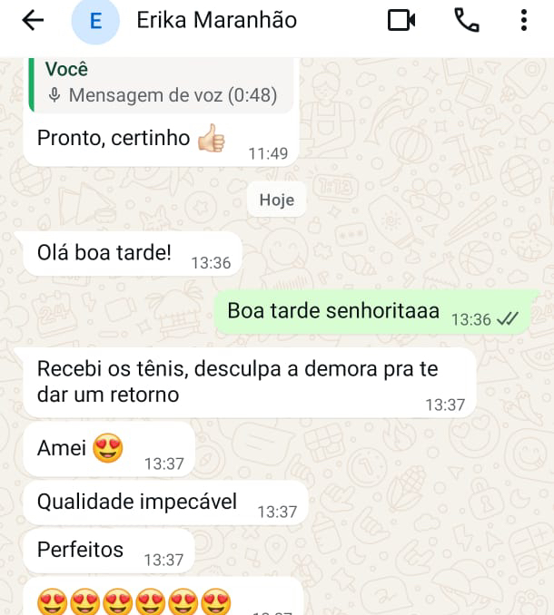 Conversa de WhatsApp da cliente Erika Maranhão elogiando os tênis Wander Tênis: "Amei 😍 Qualidade impecável Perfeitos"
