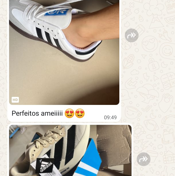 Conversa de WhatsApp de cliente usando tênis Adidas elogiando a Wander Tênis: "Perfeitos ameiiii 😍😍"